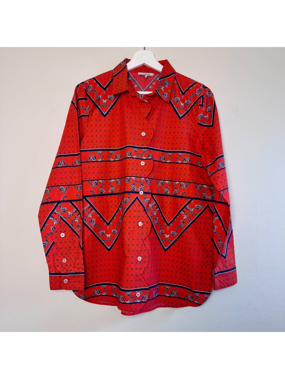 Ganni Red Button-Down Shirt with Navy and White Print